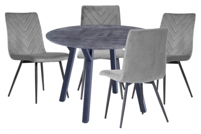 Gillis Concrete Effect Top 110cm Round Dining Table and 4 Velvet Fabric Chair