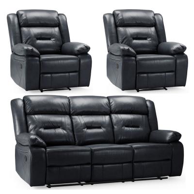 Novie Manual Recliner Sofa Set - Black Faux Leather - 3+1+1 Seater