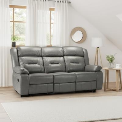 Novie Manual Recliner Sofa - Grey Faux Leather - 3 Seater