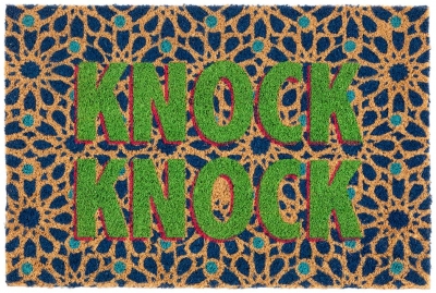 Product photograph of Astley Slogan Knock Knock Natural Pvc Latex Backed Coir Doormat - 40cm X 60cm from Choice Furniture Superstore