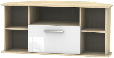 Product photograph of Contrast High Gloss White And Bardolino 1 Drawer Corner Tv Unit from Choice Furniture Superstore