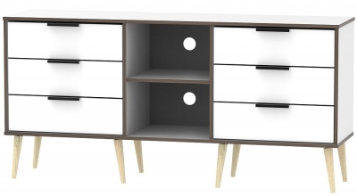 Product photograph of Hong Kong White 6 Drawer Tv Unit With Wooden Legs from Choice Furniture Superstore