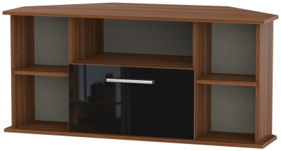 Product photograph of Contrast High Gloss Black And Noche Walnut Corner Tv Unit from Choice Furniture Superstore