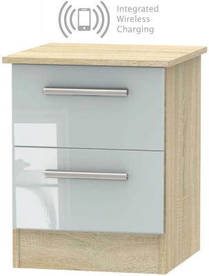 Product photograph of Contrast 2 Drawer Bedside Cabinet With Integrated Wireless Charging - High Gloss Grey And Bardolino from Choice Furniture Superstore