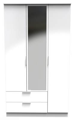 Product photograph of Plymouth White Gloss 3 Door 2 Left Drawer Tall Mirror Wardrobe from Choice Furniture Superstore
