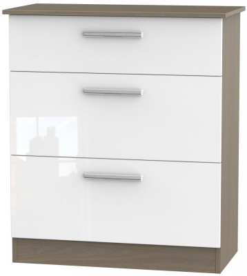 Product photograph of Contrast 3 Drawer Deep Chest - High Gloss White And Toronto Walnut from Choice Furniture Superstore