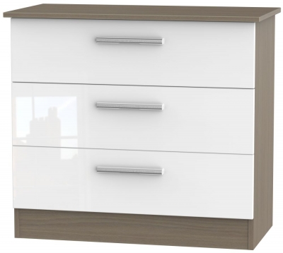 Product photograph of Contrast 3 Drawer Chest - High Gloss White And Toronto Walnut from Choice Furniture Superstore