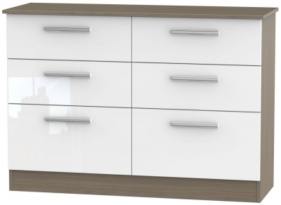 Product photograph of Contrast 6 Drawer Midi Chest - High Gloss White And Toronto Walnut from Choice Furniture Superstore