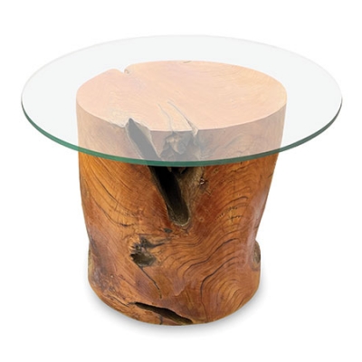 Teak Round Solid Block Lamp Table With 60cm Glass