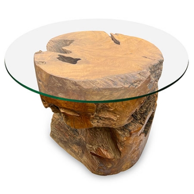 Teak Round Solid Block Coffee Table With 70cm Glass