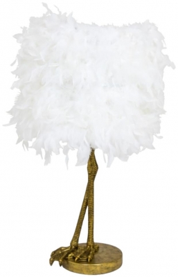 Product photograph of Antique Gold Large Bird Leg Table Lamp With White Feather Shade from Choice Furniture Superstore