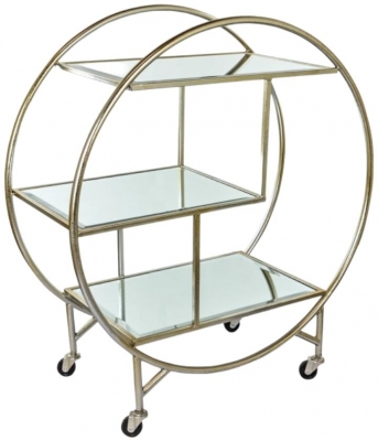 Product photograph of Antique Silver And Champagne Leaf Metal Bar Trolley With Mirror Shelves from Choice Furniture Superstore