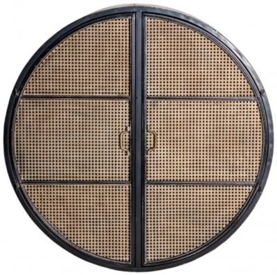 Product photograph of Antiqued Black Large Round Wall Cabinet With Rattan Doors from Choice Furniture Superstore