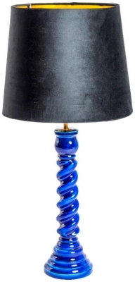 Sapphire Blue Gloss Wooden Table Lamp With Metalliclined Velvet Shade