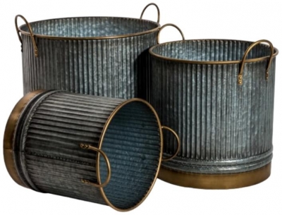 Set Of 3 Galvanised With Brass Details Planters
