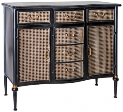Antiqued Black Side Cabinet With Rattan Sideboard