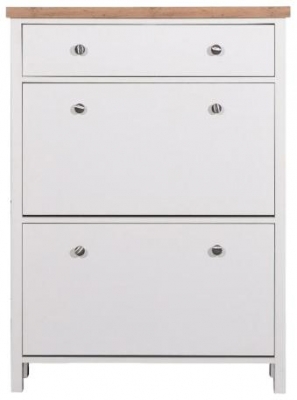 Product photograph of Astbury White And Oak 3 Tier Shoe Cabinet from Choice Furniture Superstore