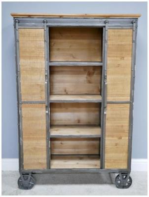 Product photograph of Dutch Industrial Fir Wood And Metal Wheels Cabinet from Choice Furniture Superstore