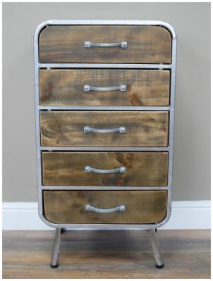 Dutch Industrial Silver And Wooden 5 Drawer Chest
