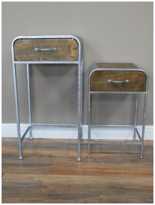 Dutch Industrial Wooden And Silver Metal Side Table Set Of 2