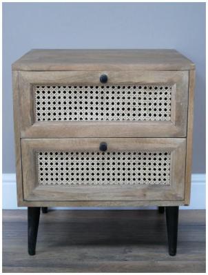 Dutch Acacia Wood And Rattan 2 Drawer Bedside Cabinet
