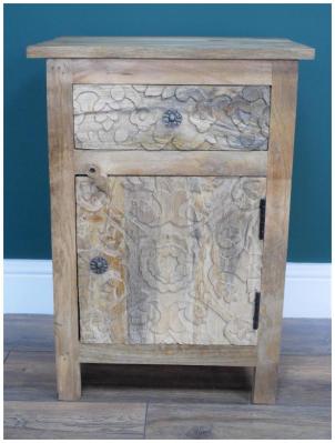 Dutch Carved Mango Wood 1 Door 1 Drawer Bedside Cabinet