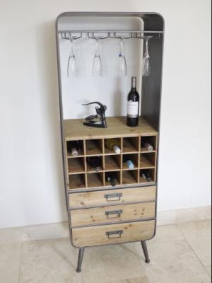 Product photograph of Dutch Retro Industrial Fir Wood And Metal 3 Drawer Wine Cabinet from Choice Furniture Superstore
