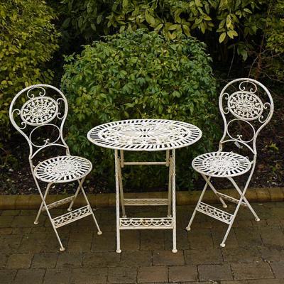 Distressed White Metal Oval Garden Table With 2 Chairs