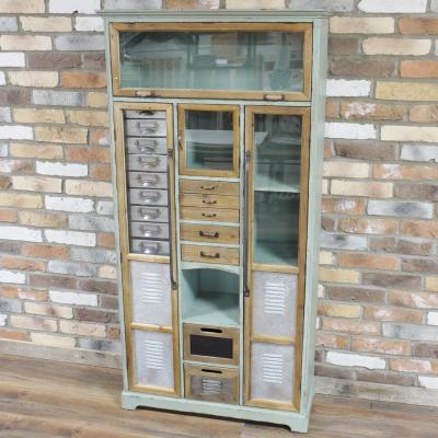 Dutch Industrial Distressed Green Wood Display Cabinet