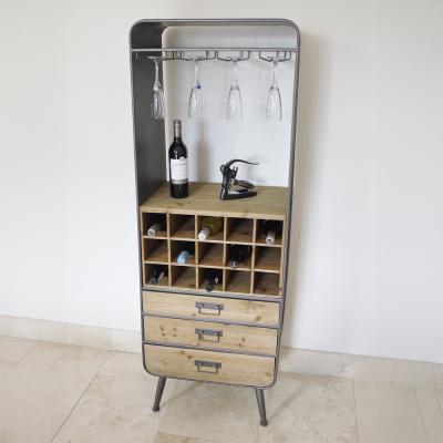 Dutch Industrial Retro Fir Wood And Metal Narrow Wine Unit