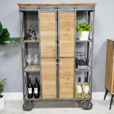 Dutch Industrial Fir Wood And Metal Tall Cabinet On Wheels