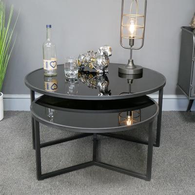 Dutch Black Glass And Metal Round Coffee Tables Set Of 2