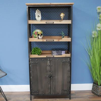 Dutch Industrial Black Metal And Fir Wood 2 Door Hall Cabinet
