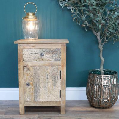 Dutch Carved Mango Wood 1 Door 1 Drawer Bedside Cabinet