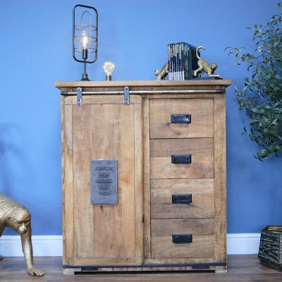 Dutch Industrial Mango Wood 1 Door 4 Drawer Storage Unit