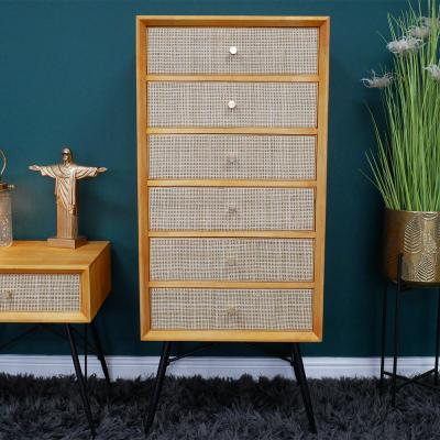 Dutch Wood And Rattan 6 Drawer Tallboy Chest