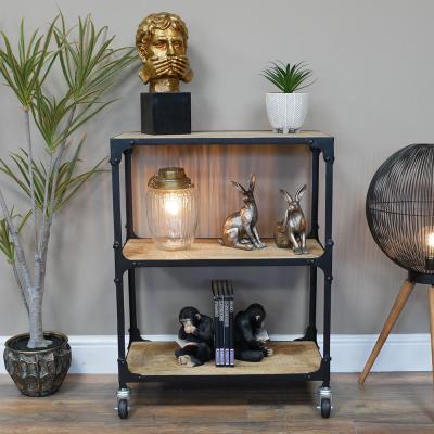 Dutch Industrial Mango Wood And Metal Shelves On Wheels