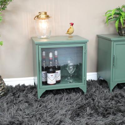 Dutch Industrial Green Metal 1 Glass Door Bedside Cabinet