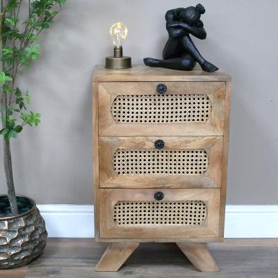 Dutch Mango Wood And Rattan 3 Drawer Bedside Cabinet
