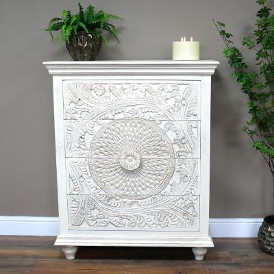 Dutch White Washed Carved Mango Wood 4 Drawer Chest