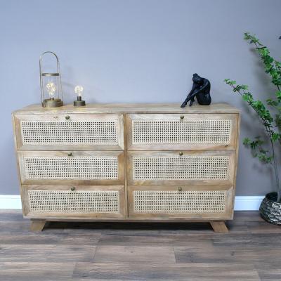 Dutch Mango Wood And Rattan 6 Drawer Wide Chest