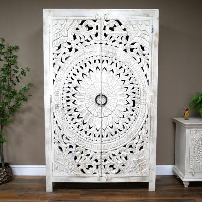 Dutch White Washed Carved Mango Wood 2 Door Hall Cabinet