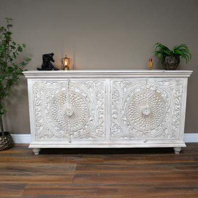 Dutch White Washed Carved Mango Wood 4 Door Large Sideboard 180cm