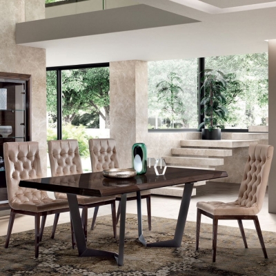 Image of Camel Elite Day Patrician Walnut Italian Net Extending Dining Table and Capitonne Dining Chairs