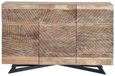 Product photograph of Karlstad Carved Acacie Wood 3 Drawer Medium Sideboard from Choice Furniture Superstore