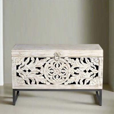 Product photograph of Quintana White Washed Carved Mango Wood Storage Trunk - 80cm from Choice Furniture Superstore