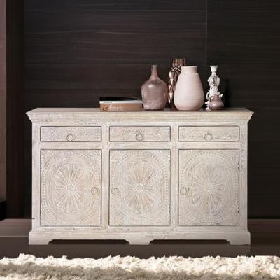 Rrethi Distressed White Carved Mango Wood 3 Door Medium Sideboard 150cm
