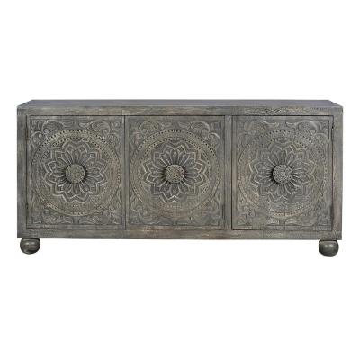 Spanish Grey Carved Mango Wood 3 Door Medium Sideboard