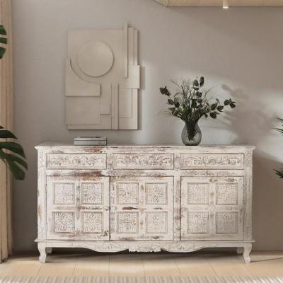 Linzarates Distressed White Mango Wood 3 Door Large Sideboard 175cm