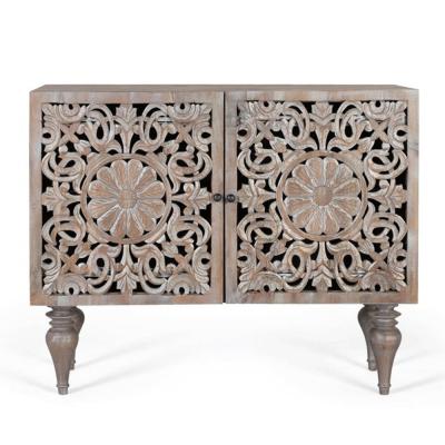 Edith Grey Carved Mango Wood 2 Door Small Sideboard 100cm